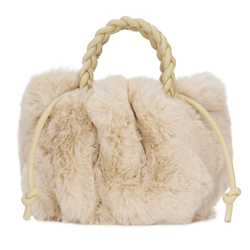 Vividora Damen Plüsch Handtasche Puffer Bag,Niedlich Flauschige Teddy Tasche Crossbody Bag Damen Winter Furry Fell Kunstfell Schultertasche Einkaufstasche für Mädchen Beige (PU-Griff) von Vividora