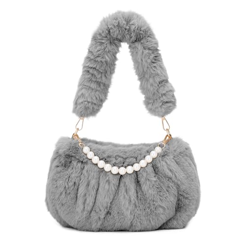 Vividora Damen Plüsch Handtasche Puffer Bag,Niedlich Flauschige Teddy Tasche Crossbody Bag Damen Winter Furry Fell Kunstfell Schultertasche Einkaufstasche für Mädchen Hellgrau (Perlenkette) von Vividora