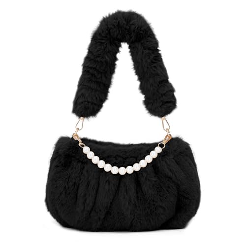 Vividora Damen Plüsch Handtasche Puffer Bag,Niedlich Flauschige Teddy Tasche Crossbody Bag Damen Winter Furry Fell Kunstfell Schultertasche Einkaufstasche für Mädchen Schwarz (Perlenkette) von Vividora