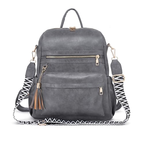 Vividora PU Leder Rucksack Damen,Elegant 2 in 1 Rucksack Handtasche Umhängetaschen Damen Modern Wasserdichte Anti-Diebstahl Cityrucksack Reisetasche mit Verstellbarem Handtaschengurt Grau von Vividora