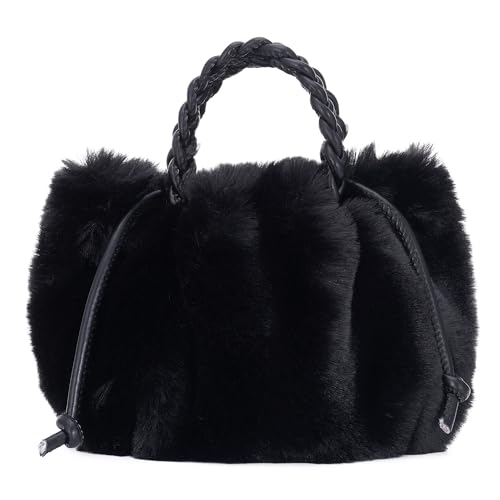 Vividora Damen Plüsch Handtasche Puffer Bag,Niedlich Flauschige Teddy Tasche Crossbody Bag Damen Winter Furry Fell Kunstfell Schultertasche Einkaufstasche für Mädchen Schwarz (PU Griffe) von Vividora