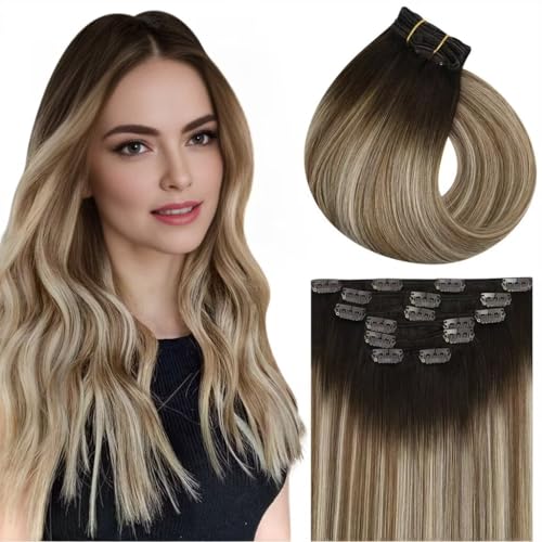Vivien Balayage Echthaar Extensions Clip Braun Doppelter Schuss Clip Extensions Echthaar Ombre Braun bis Blond für Frauen 40cm 120g 7 Stücke #3/8/24 von Vivien