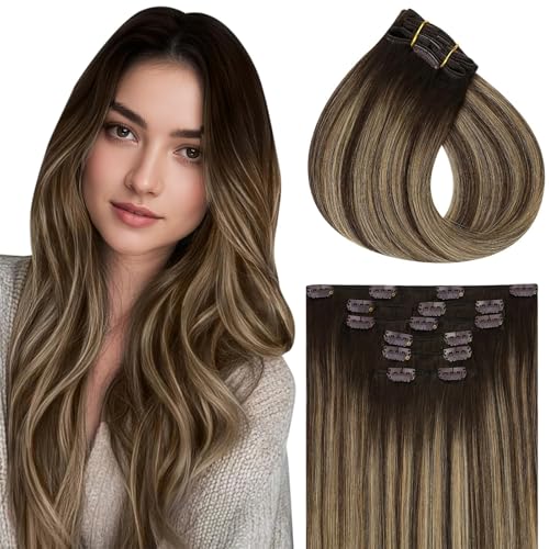 Vivien Clip in Extensions Echthaar Balayage Braun Remy Echthaar Extensions Clip in Ombre Mittelbraun bis Honigblond für Frauen 22 Zoll 120g 7Pcs von Vivien