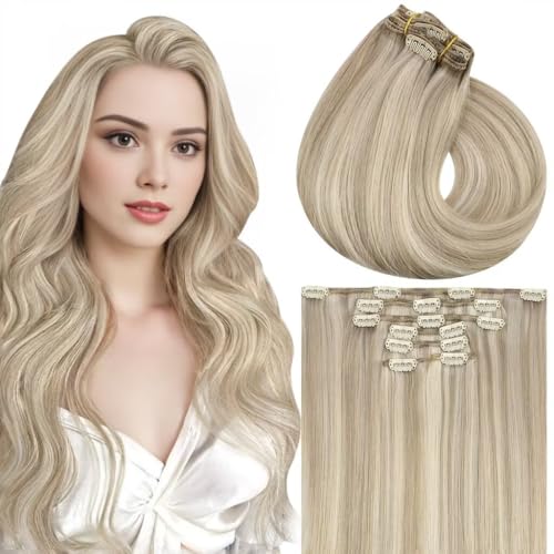 Vivien Echthaar Clip in Extensions Blond 40cm Clip Echthaar Extensions Highlight Blond Haarverlängerungen für Frauen 120g 7Pcs von Vivien