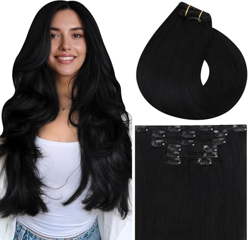 Vivien Echthaar Clip in Extensions Schwarz 40 cm Haarverlängerungen Clip in Echthaar Remy Tiefschwarz Für Frauen Glatt 120g 7Pcs #1 von Vivien