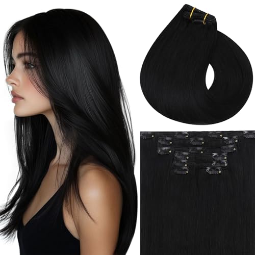 Vivien Echthaar Clip in Extensions Schwarz 45 cm Extensions Echthaar Clip in Tiefschwarz für Frauen 7 Stücke 120g #1 von Vivien