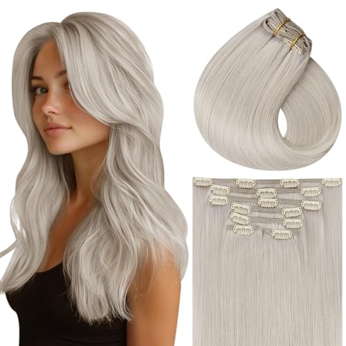 Vivien Echthaar Extensions Clip Blond Doppelter Tresse Clip in Extensions Echthaar Platinblond Haarverlängerungen für Frauen 40cm 120g 7 Stücke von Vivien