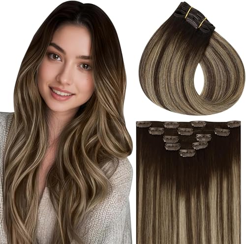 Vivien Echthaar Extensions Clip in 30cm Braun Ombre für Frauen Extensions Echthaar Clip Braun Balayage Honigblond Doppelter Schuss 80g 5PCS von Vivien