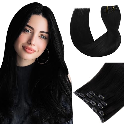 Vivien Extensions Echthaar Clip in Tiefschwarz Invisible Remy Clip Extensions Echthaar Schwarz für Frauen Gerade 45 cm 80g 5 Stücke #1 von Vivien