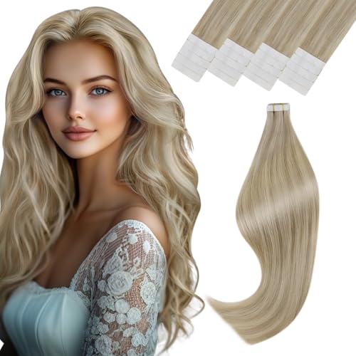 Vivien Invisible Tape Extensions Echthaar Blond Echtes Haar Highlight Extensions Tape Echthaar Blond für Frauen 22 Zoll 20 Stücke 50g von Vivien