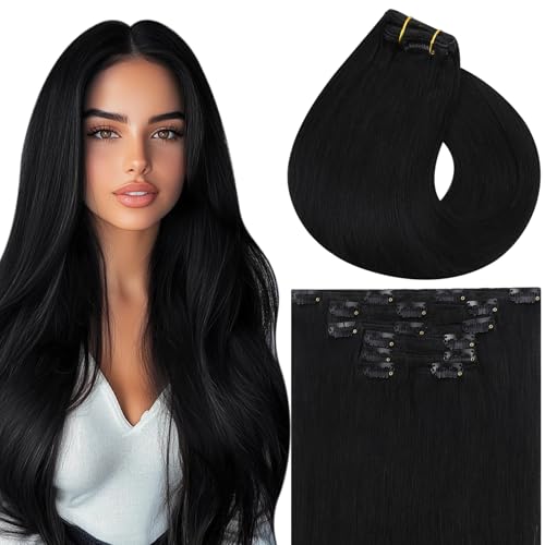 Vivien Schwarz Echthaar Clip in Extensions 20 Zoll Invisible Clip Extensions Menschliches Haar Tiefschwarz Für Frauen Weich 120g 7Pcs #1 von Vivien