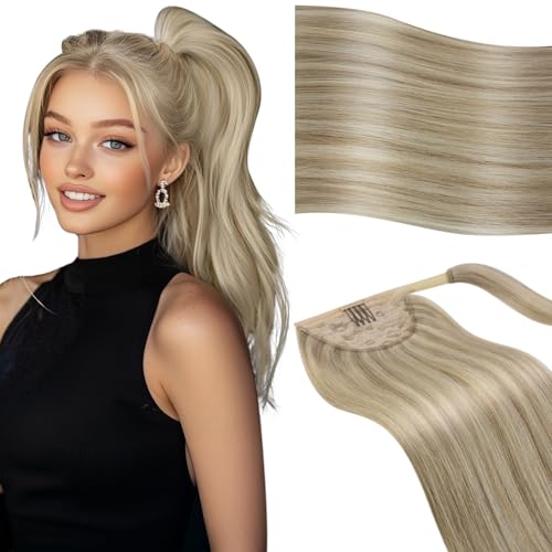 Vivien Zopf Extension Echthaar Blond Invisible Echthaar Pferdeschwanz Extensions Goldblond Highlight Mittelblond für Frauen 30cm 70g #P16/22 von Vivien