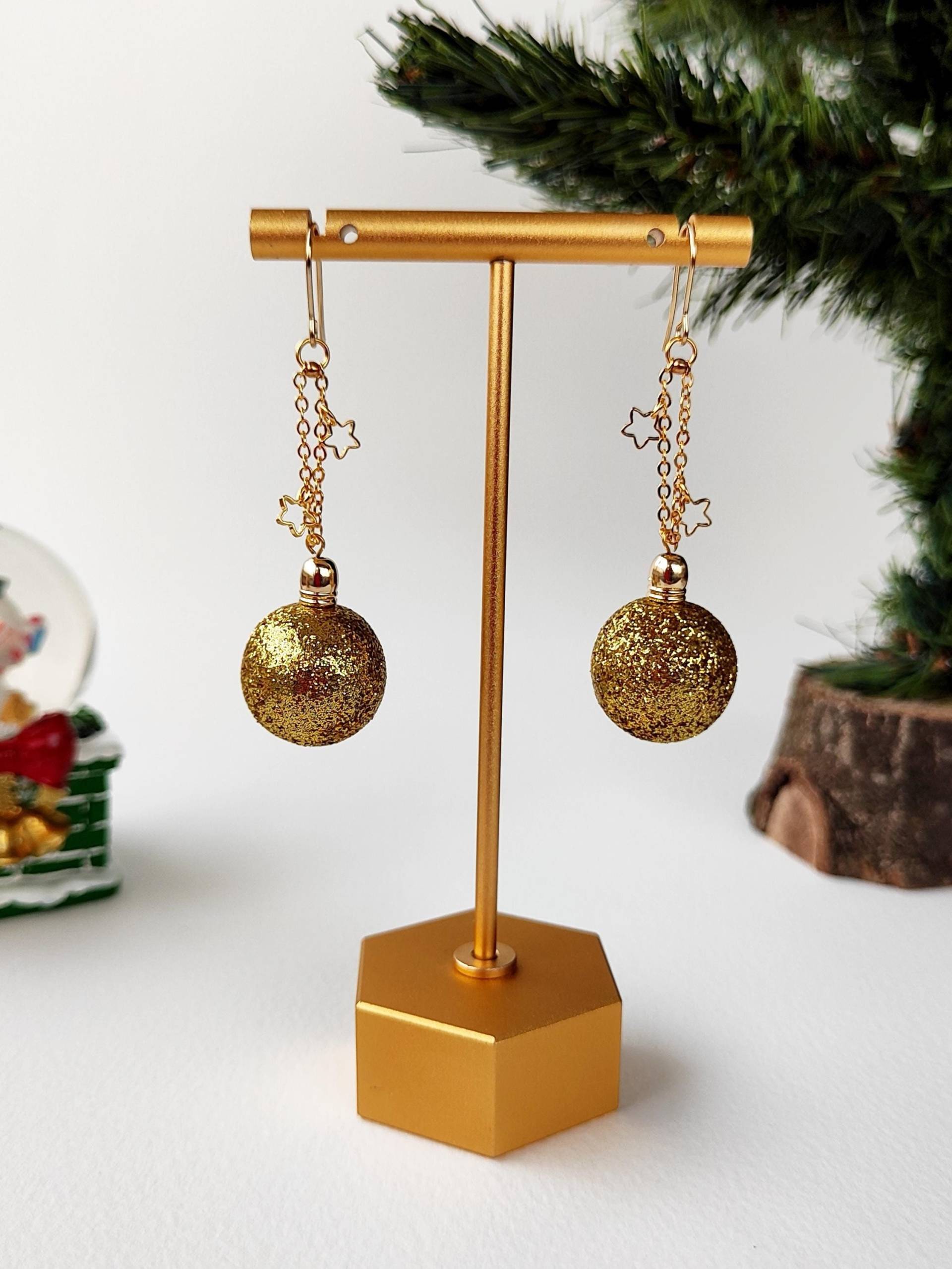 Gold Weihnachtston Ornament Ohrringe, 24 K Vergoldete Farbechte Einzigartige Urlaub Geschenk Glitter Ball Ornamente Schmuck von Viviendesignstudio