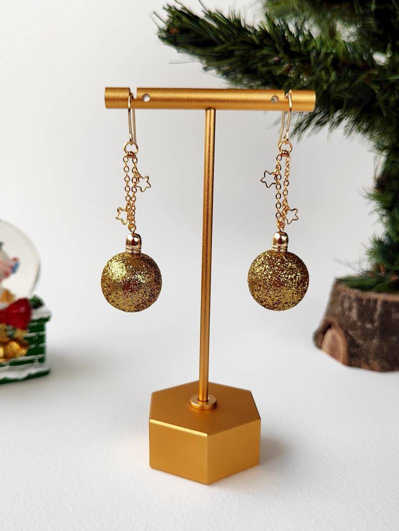 Gold Weihnachtston Ornament Ohrringe, 24 K Vergoldete Farbechte Einzigartige Urlaub Geschenk Glitter Ball Ornamente Schmuck von Viviendesignstudio