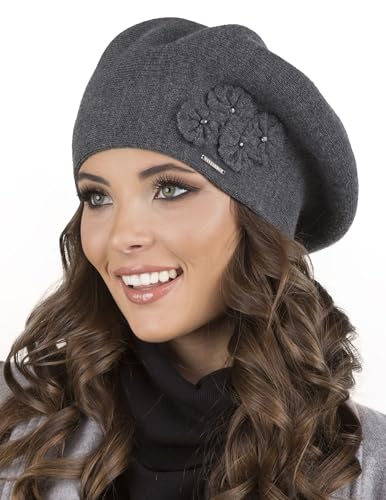 VIVISENCE Baskenmütze Damen Elegant Blume Warm Herbst Winter Accessoire 7006, Dunkelgrau,Einheitsgröße von VIVISENCE