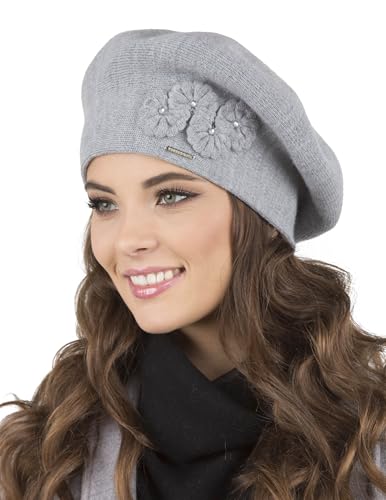 VIVISENCE Baskenmütze Damen Elegant Blume Warm Herbst Winter Accessoire 7006, Hellgrau,Einheitsgröße von VIVISENCE