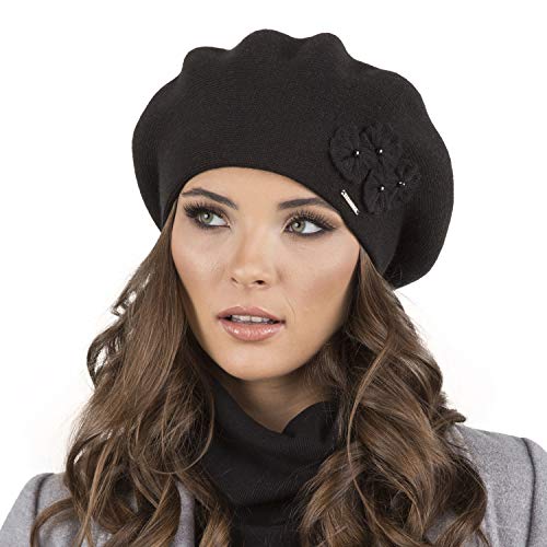 VIVISENCE Damen Baskenmütze Eleganter Wintermütze Warm Und Gemütlich Kopfbedeckung An Winter Und Herbst Warm Dick Strickmütze, Klassisch Mütze Für Frauen, Hergestellt In EU, Schwarz von VIVISENCE