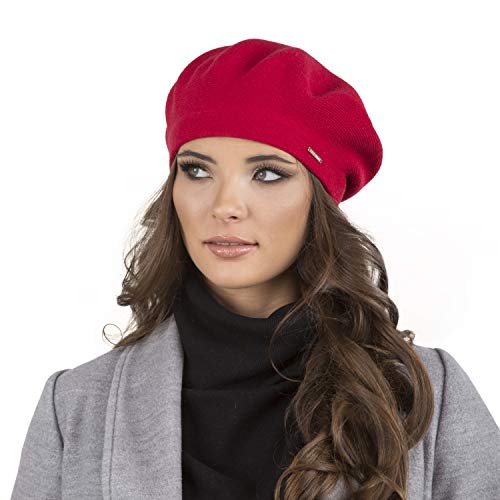 VIVISENCE Damen Baskenmütze Eleganter Wintermütze Warm Und Gemütlich Kopfbedeckung An Winter Und Herbst Warm Dick Strickmütze, Klassisch Mütze Für Frauen Modell 7005, Rot,Einheitsgröße von VIVISENCE