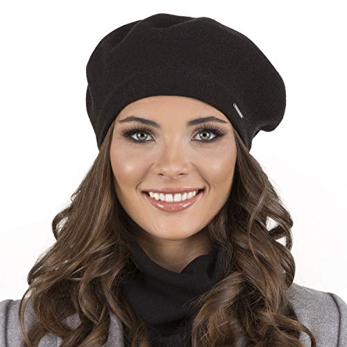 VIVISENCE Damen Baskenmütze Eleganter Wintermütze Warm Und Gemütlich Kopfbedeckung An Winter Und Herbst Warm Dick Strickmütze, Klassisch Mütze Für Frauen, Hergestellt In EU, Schwarz von VIVISENCE