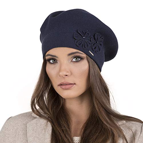 VIVISENCE Damen Baskenmütze Warm Und Gemütlich Wintermütze An Winter Und Herbst Warme Dick Strickmütze, Kopfbedeckung Eleganter Klassisch Mütze Für Frauen Modell 7007, Dunkelblau,Einheitsgröße von VIVISENCE