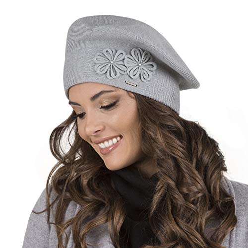 VIVISENCE Damen Baskenmütze Warm Und Gemütlich Wintermütze An Winter Und Herbst Warme Dick Strickmütze, Kopfbedeckung Eleganter Klassisch Mütze Für Frauen Modell 7007, Hellgrau,Einheitsgröße von VIVISENCE