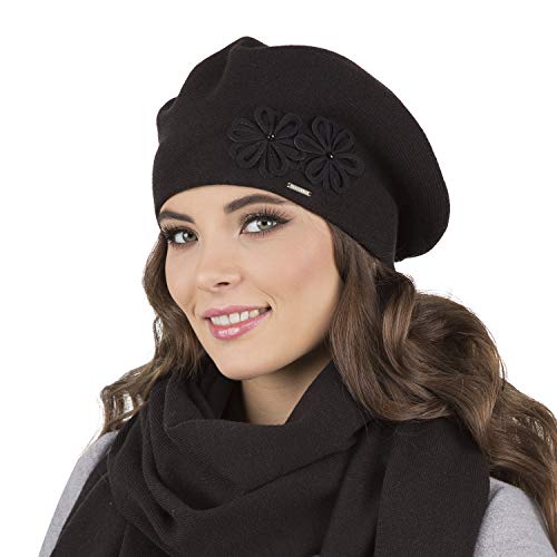 VIVISENCE Damen Baskenmütze Warm Und Gemütlich Wintermütze An Winter Und Herbst Warme Dick Strickmütze, Kopfbedeckung Eleganter Klassisch Mütze Für Frauen Modell 7007, Schwarz,Einheitsgröße von VIVISENCE