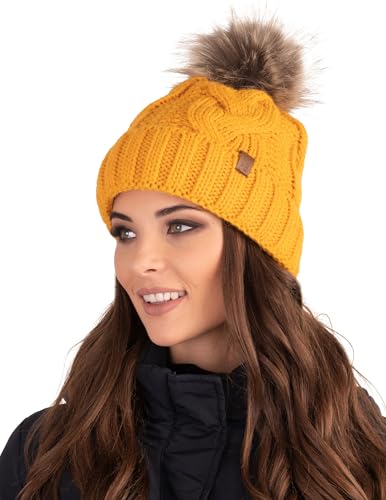 VIVISENCE Wintermütze Mit Bommel Damen Warmes Ideal Für Kalte Wintertage 7014, Honig,Einheitsgröße von VIVISENCE