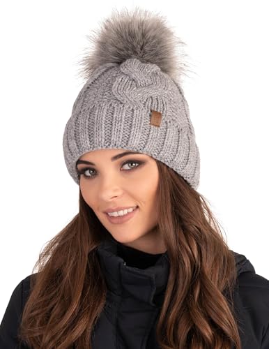 VIVISENCE Wintermütze Mit Bommel Damen Warmes Ideal Für Kalte Wintertage 7014, Hellgrau,Einheitsgröße von VIVISENCE