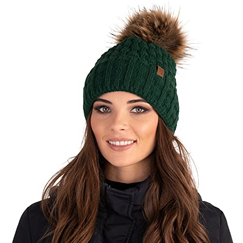 VIVISENCE Damen Bommelmütze, Warm Und Bequem Kopfbedeckung Für Herbst Und Winter, Wintermütze Mit Bommel, Warm Dick Strickmütze, Klassisch Mütze Für Frauen, Hergestellt In Der EU, Grün von VIVISENCE