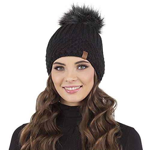 VIVISENCE Damen Bommelmütze, Warm Und Bequem Kopfbedeckung Für Herbst Und Winter, Wintermütze Mit Bommel, Warm Dick Strickmütze, Klassisch Mütze Für Frauen, Hergestellt In EU, Schwarz von VIVISENCE