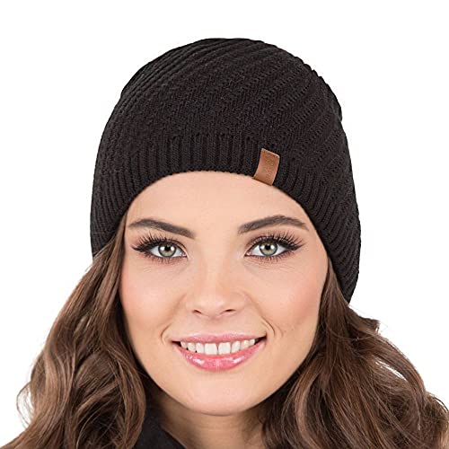 VIVISENCE Damen Beanie Wintermütze Warm Und Bequem Kopfbedeckung Für Herbst Und Winter Warm Dick Strickmütze, Klassisch Mütze Für Frauen, Hergestellt In Der EU, Schwarz von VIVISENCE