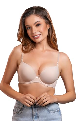 VIVISENCE Damen Push-Up BH Gepolsterte Schalen Klassisch Elegant Spitze Netz 1041, Beige,75A von VIVISENCE