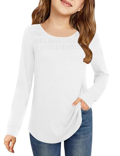 Vivitulip Langarm-T-Shirts für Mädchen, Rundhalsausschnitt, gesmokt, niedlich, Tunika, Tops, Weiss/opulenter Garten, 13 Jahre von Vivitulip