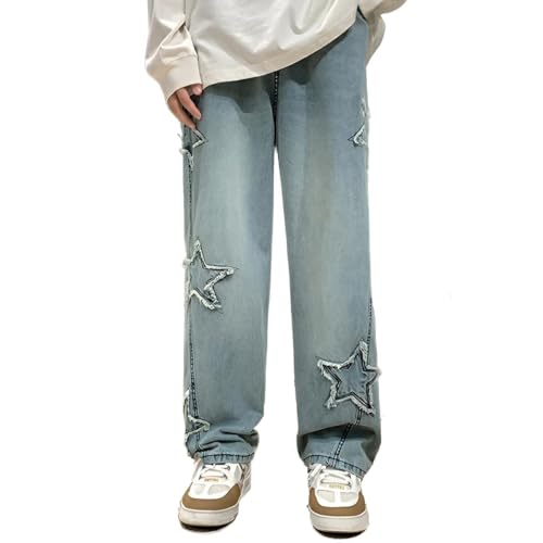 Vivoofchic Flared Jeans Herren - Y2K Streetwear Denim Hose mit Sternstickerei-Design, Patchwork und Taschen - Bootcut Baggy Freizeithose im Hip Hop Cowboy Style von Vivoofchic