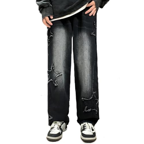 Vivoofchic Flared Jeans Herren - Y2K Streetwear Denim Hose mit Sternstickerei-Design, Patchwork und Taschen - Bootcut Baggy Freizeithose im Hip Hop Cowboy Style von Vivoofchic
