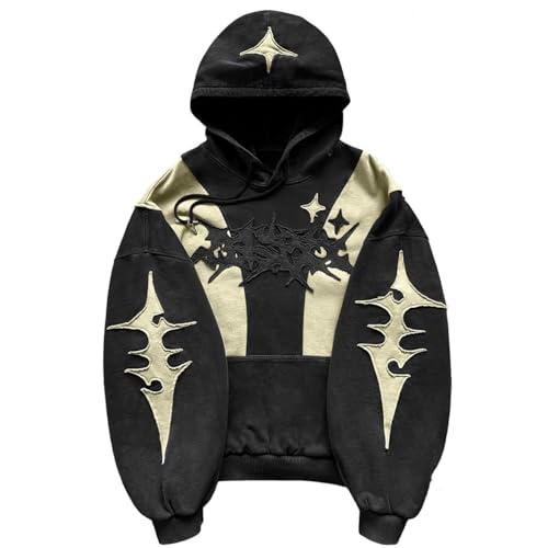 Vivoofchic Hoodie Herren Damen Y2K Harajuku Kapuzenpullover | Gothic Fashion Streetwear Sweatshirt mit Stern-Patch | Langarm Patchwork Stickerei Hoodie mit Kapuze von Vivoofchic