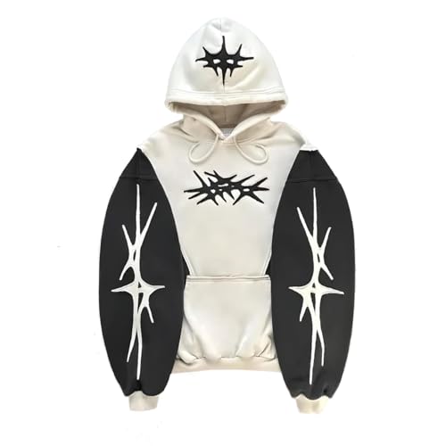 Vivoofchic Hoodie Herren Y2K Harajuku Kapuzenpullover | Gothic Fashion Streetwear Sweatshirt mit Stern-Patch | Langarm Casual Patchwork Hoodie mit Kapuze von Vivoofchic