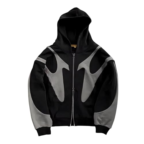 Vivoofchic Hoodie Herren Y2K Kapuzenpullover | Gothic Fashion Streetwear Sweatshirt mit Reißverschluss | Langarm Casual Patchwork Jacket für Männer und Frauen von Vivoofchic