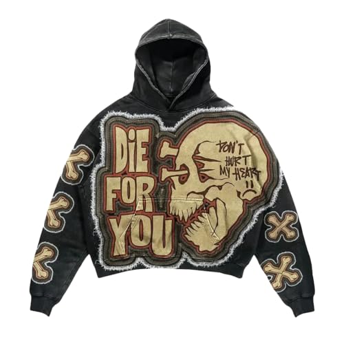 Vivoofchic Hoodie Herren Y2K Oversize Kapuzenpullover | Die for You Vintage Harajuku Streetwear Sweatshirt mit Skull Print | Langarm Casual Gym Hoodie mit Kapuze von Vivoofchic