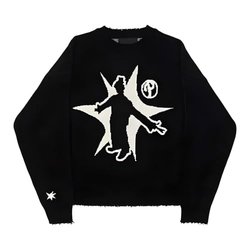 Vivoofchic Pullover Herren Damen | Strickpullover Gothic Y2K Sweater | Baggy Streetwear Style | Fashion Winterpullover mit Rundhalsausschnitt | Langarm Cartoon Pullover für Herbst und Winter von Vivoofchic