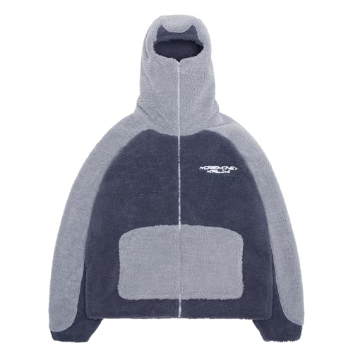 Vivoofchic Teddy Fleecejacke Herren | Fashion Streetwear Winterjacke Y2K mit Reißverschluss | Langarm Casual Patchwork Teddyfleece Jacke mit Kapuze von Vivoofchic