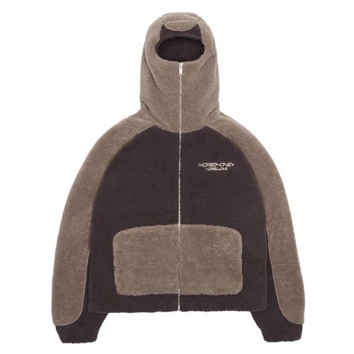 Vivoofchic Teddy Fleecejacke Herren | Fashion Streetwear Winterjacke Y2K mit Reißverschluss | Langarm Casual Patchwork Teddyfleece Jacke mit Kapuze von Vivoofchic