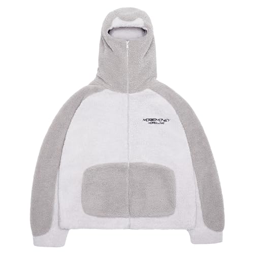 Vivoofchic Teddy Fleecejacke Herren | Fashion Streetwear Winterjacke Y2K mit Reißverschluss | Langarm Casual Patchwork Teddyfleece Jacke mit Kapuze von Vivoofchic