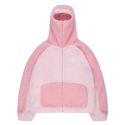 Vivoofchic Teddy Fleecejacke Herren | Fashion Streetwear Winterjacke Y2K mit Reißverschluss | Langarm Casual Patchwork Teddyfleece Jacke mit Kapuze von Vivoofchic