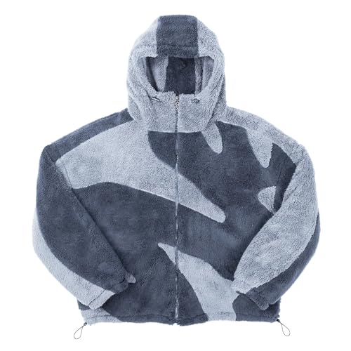 Vivoofchic Teddy Fleecejacke Herren | Y2K Fashion Streetwear Winterjacke mit Reißverschluss | Langarm Casual Patchwork Teddyfleece Jacke mit Kapuze von Vivoofchic