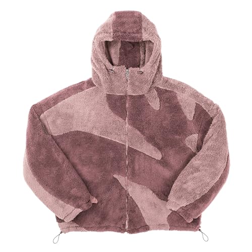 Vivoofchic Teddy Fleecejacke Herren | Y2K Fashion Streetwear Winterjacke mit Reißverschluss | Langarm Casual Patchwork Teddyfleece Jacke mit Kapuze von Vivoofchic