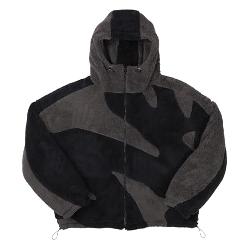 Vivoofchic Teddy Fleecejacke Herren | Y2K Fashion Streetwear Winterjacke mit Reißverschluss | Langarm Casual Patchwork Teddyfleece Jacke mit Kapuze von Vivoofchic