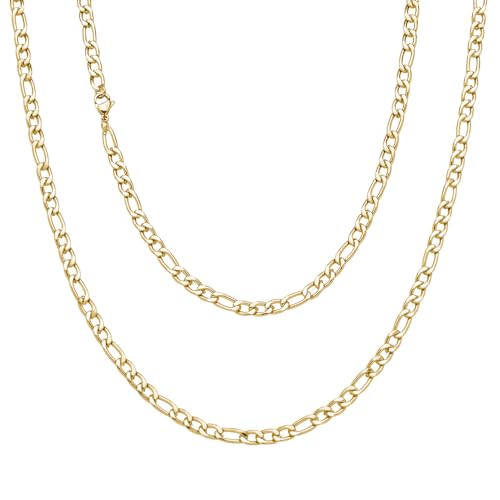 Viwind Herren Kette Figaro Ketten Halskette Herren 3/5/7/9mm Hip-Hop Chain 45-55cm 18K Gold Vergoldet/Silber Farbe Edelstahl Figarokette1+3 Gliederkette für Jungen Männer (55cm, Gold Farbe-5mm) von Viwind