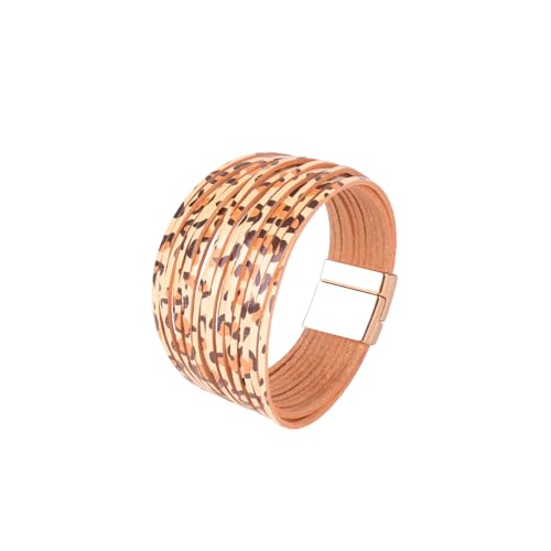 Viwind Lederarmband Damen Boho Leopard Multilayer Leder Wrap Armbänder 19 cm Wickelarmband Geflochtenes Lederarmband Magnetverschluss (Braun) von Viwind