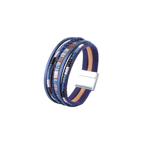 Viwind Lederarmband Damen Boho Multilayer Leder Wrap Armbänder 19 cm Korn Perlen Wickelarmband Geflochtenes Lederarmband Magnetverschluss (Dunkelblau) von Viwind